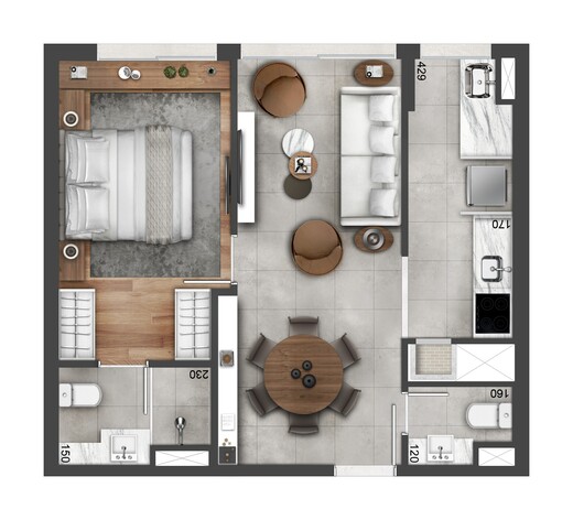 Planta 02 - 1 dorm 49m�