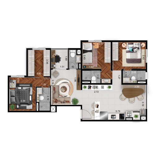 Planta 04 - 3 dorm 77m - juncao - (33m 44m)