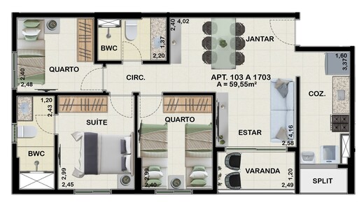 Planta 01 - 3 dorm 59,55m²