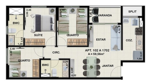 Planta 02 - 3 dorm 59,56m²