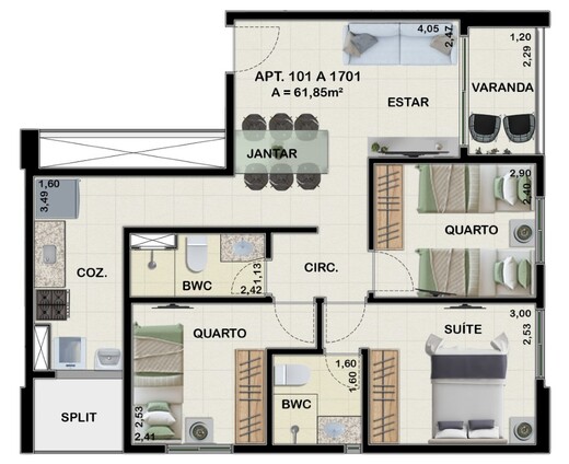 Planta 03 - 3 dorm 61,85m²