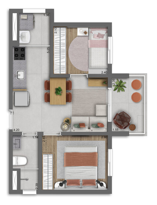 Planta 01 - 2 dorm 38m�