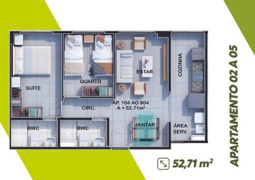 Planta 01 - 2 dorm 52,71m
