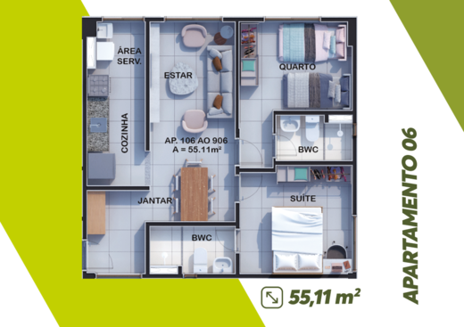 Planta 02 - 2 dorm 55,11m