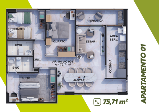 Planta 03 - 3 dorm 75,71m