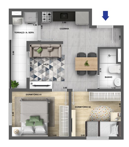 Planta 03 - 2 dorm 40,55m�