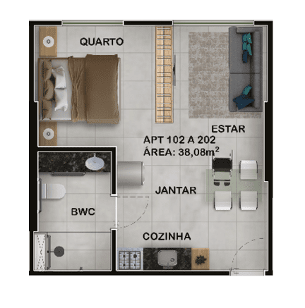 Planta 02 - 1 dorm 38m - studio