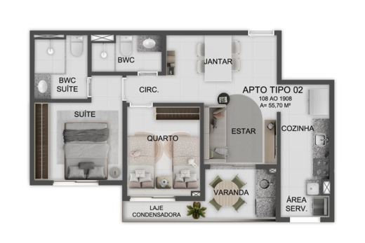 Planta 01 - 2 dorm 55,70m