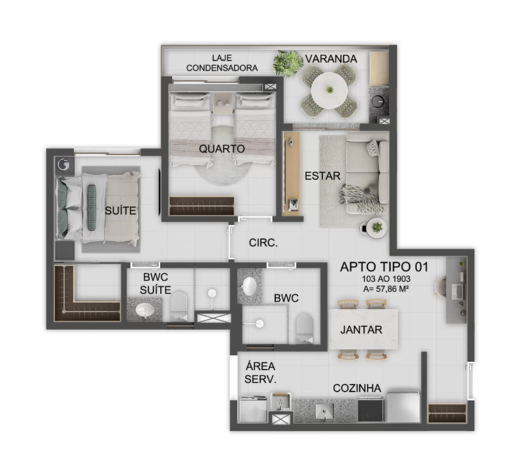 Planta 02 - 2 dorm 57,86m