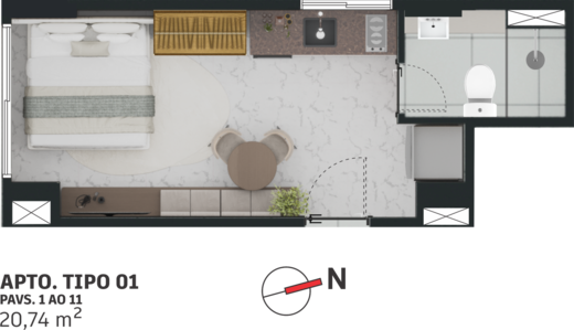Planta 02 - 1 dorm 20,74m² - studio