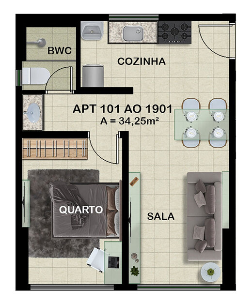 Planta 01 - 1 dorm 34,25m²