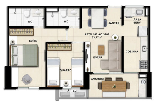 Planta 01 - 2 dorm 53,77m²