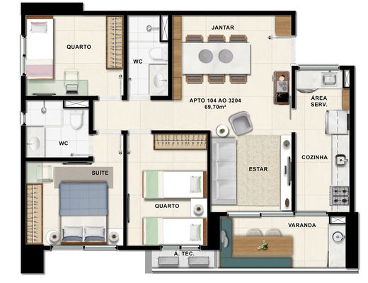 Planta 02 - 3 dorm 69,70m²