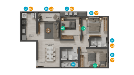 Planta 03 - 3 dorm 72,64m²