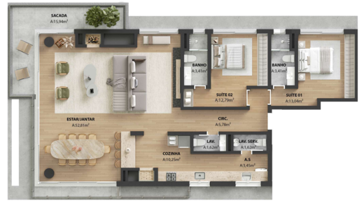 Planta 02 - 2 dorm 156m�