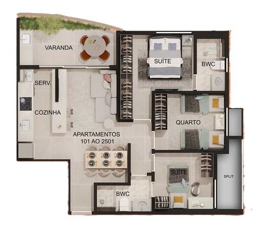 Planta 02 - 3 dorm 65m