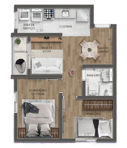 Planta 01 - 2 dorm 44,87m²