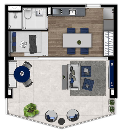 Planta 03 - 1 dorm 42m� - studio