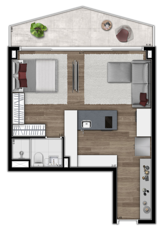 Planta 08 - 1 dorm 46m� - studio op��o