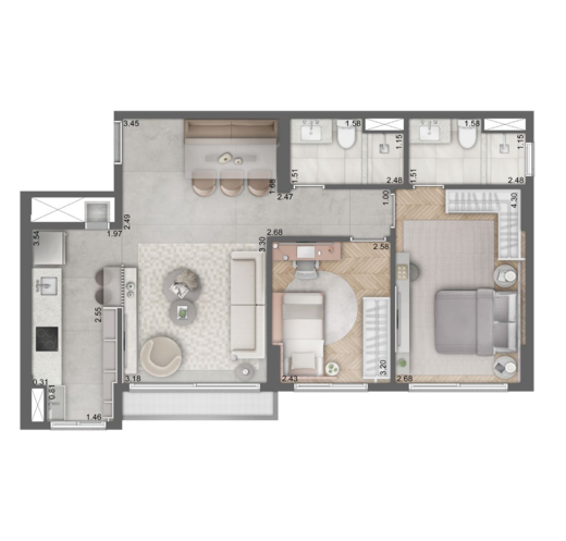 Planta 02 - 2 dorm 68m�