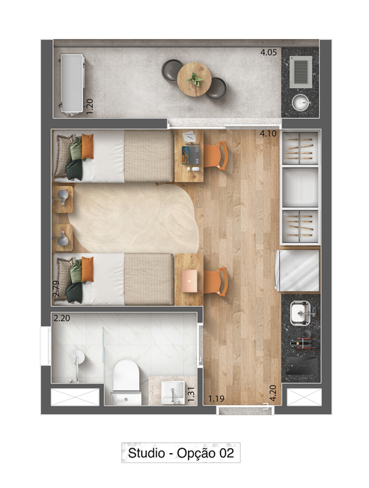 Planta 02 - 1 dorm 23,91m² - studio