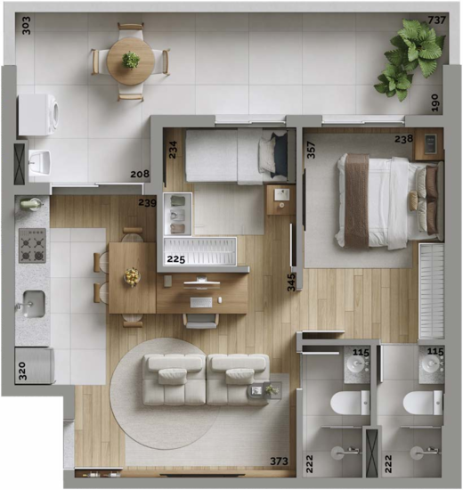 Planta 08 - 2 dorm 61,85m - garden