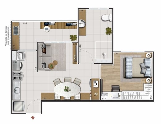 Planta 02 - 1 dorm 43,34m - studio