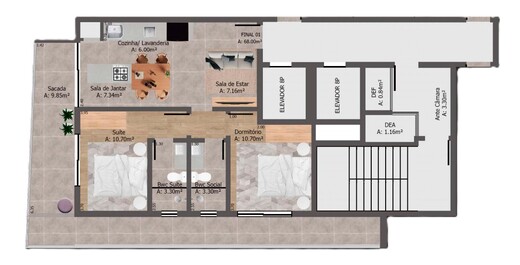 Planta 03 - 2 dorm 68m²