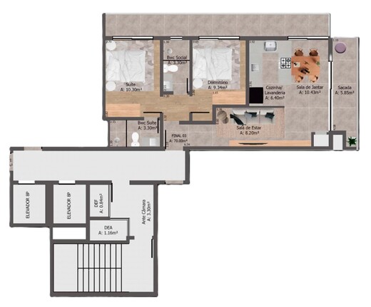 Planta 04 - 2 dorm 70m²