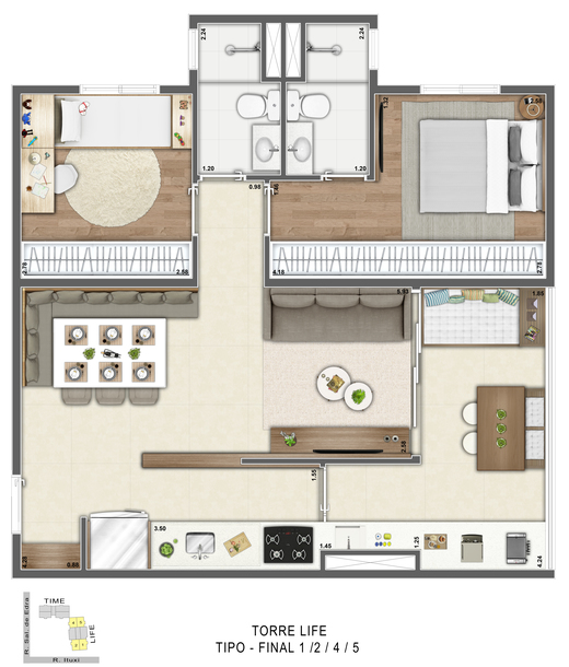 Planta 02 - 2 dorm 66m�