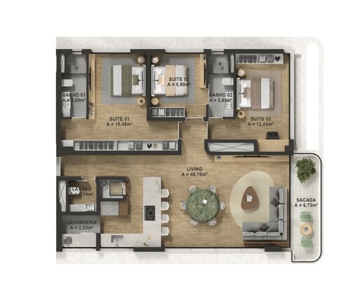 Planta 01 - 3 dorm 129m
