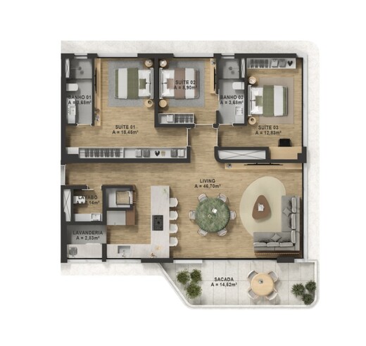Planta 02 - 3 dorm 132m