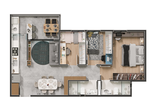 Planta 01 - 3 dorm 66,55m
