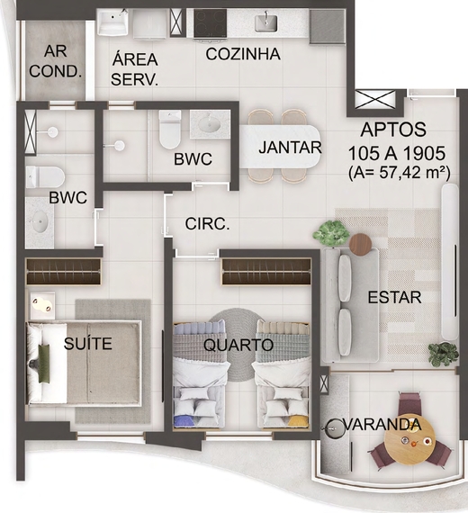 Planta 03 - 2 dorm 57,42m²