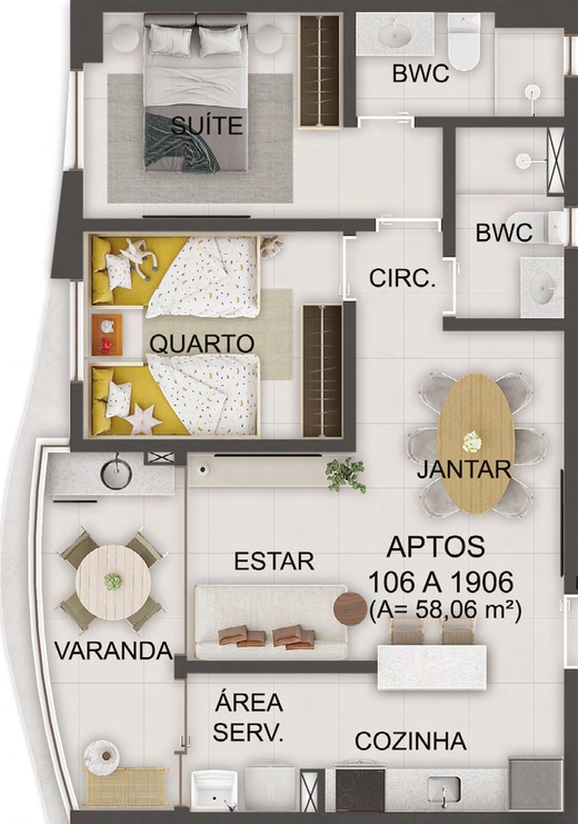 Planta 05 - 2 dorm 58,06m²