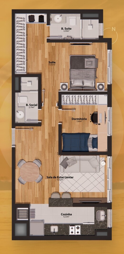 Planta 01 - 2 dorm 60,87m²