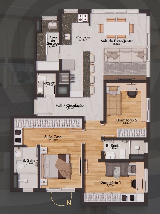 Planta 03 - 3 dorm 92,29m²
