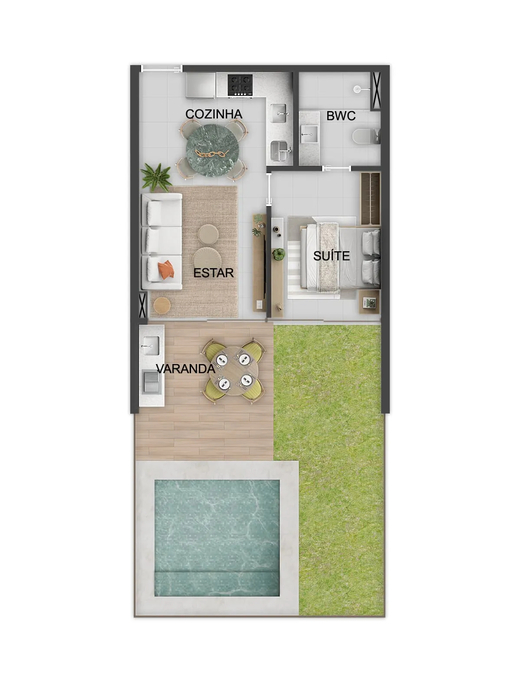 Planta 02 - 1 dorm 44m² - garden