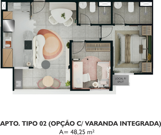 Planta 01 - 2 dorm 48,25m²