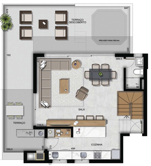 Planta 03 - 3 dorm 171,59m² - cobertura duplex - inferior