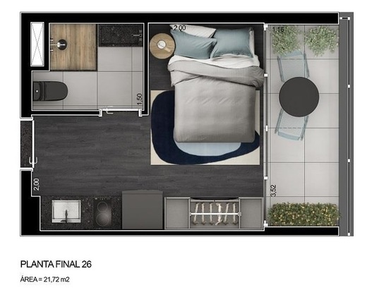 Planta 02 - 1 dorm 21m� - studio
