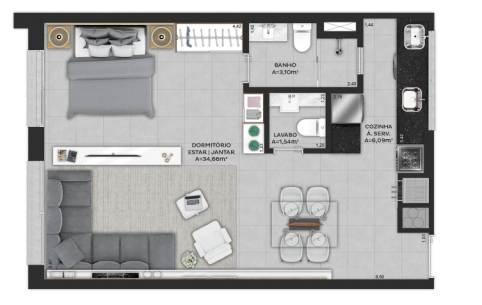 Planta 01 - 1 dorm 53m² - studio