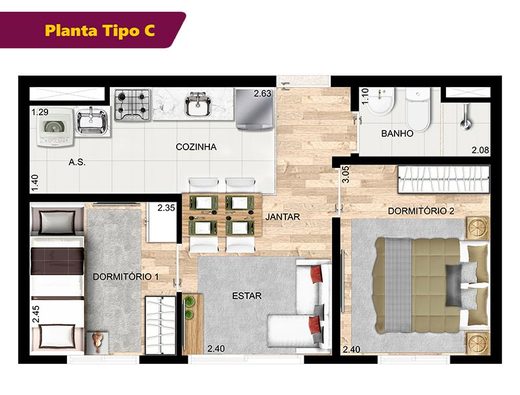 Planta 01 - 2 dorm 34 79m