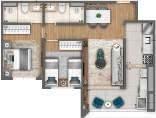 Planta 02 - 2 dorm 62m�