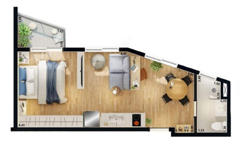 Planta 03 - 1 dorm 29 44m� - studio