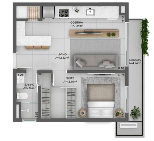 Planta 01 - 1 dorm 46 64m²
