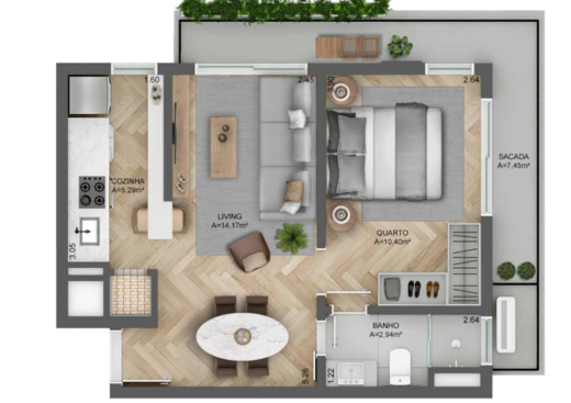 Planta 02 - 1 dorm 45 17m²