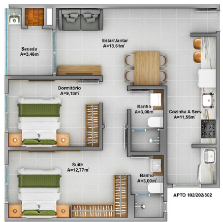 Planta 02 - 2 dorm 65 15m
