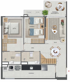 Planta 47 - 2 dorm 136,03m² - cobertura duplex - inferior