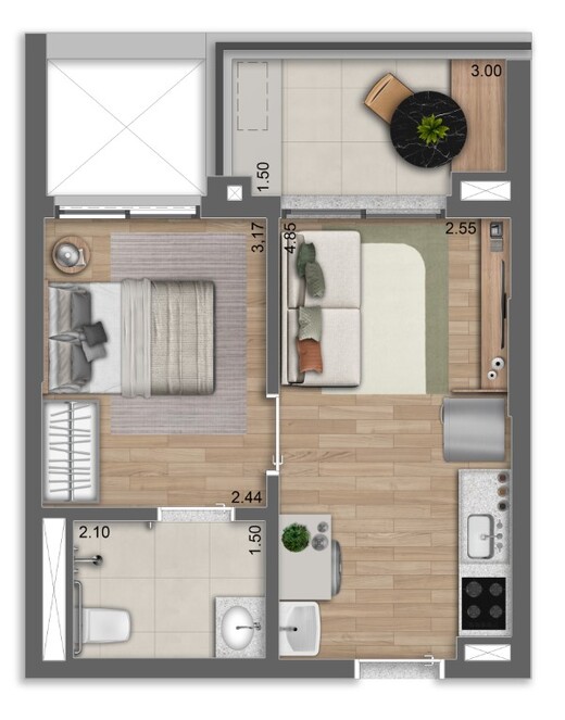 Planta 03 - 1 dorm 34m²